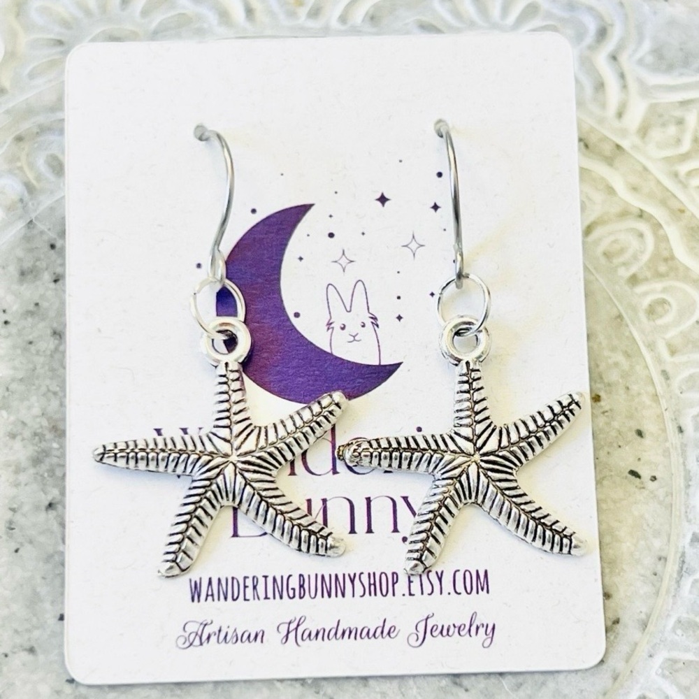 Silver Starfish Earrings, Handmade by Wandering Bunny LLC